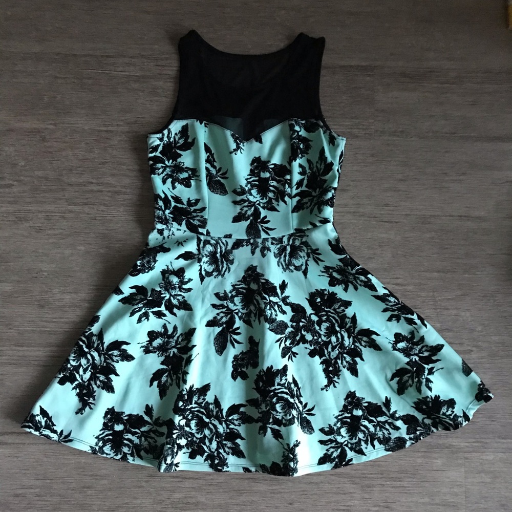 Mint and black floral skater dress